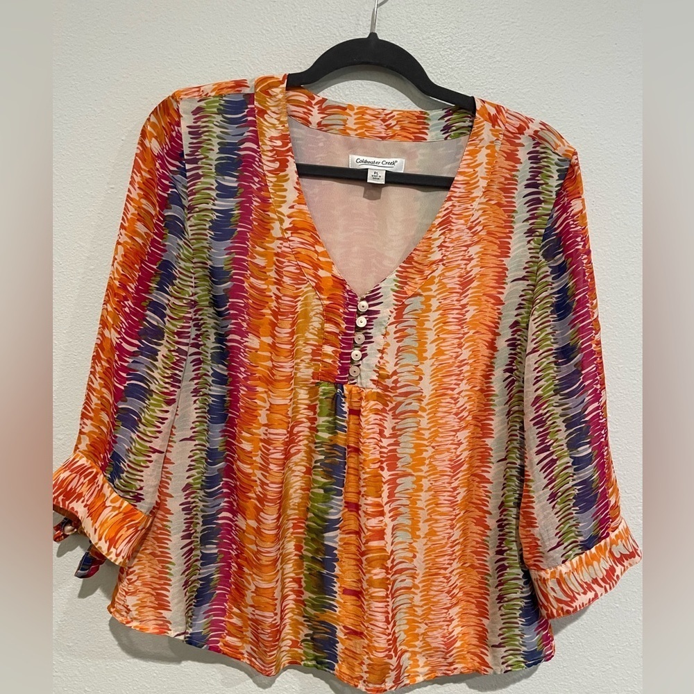 Women’s Coldwater creek. Orange blouse with stripes, sheer sleeve. Size …